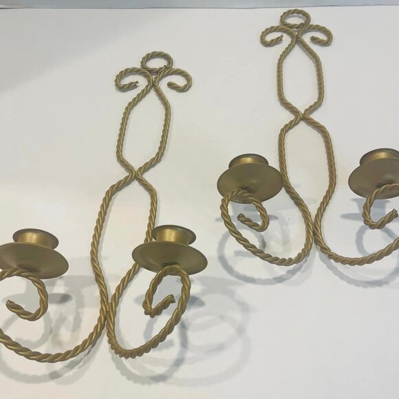 Gold Tone Twisted Metal Wire Double Candle Holder Wall Sconce Home Interiors~SET - Picture 2 of 6
